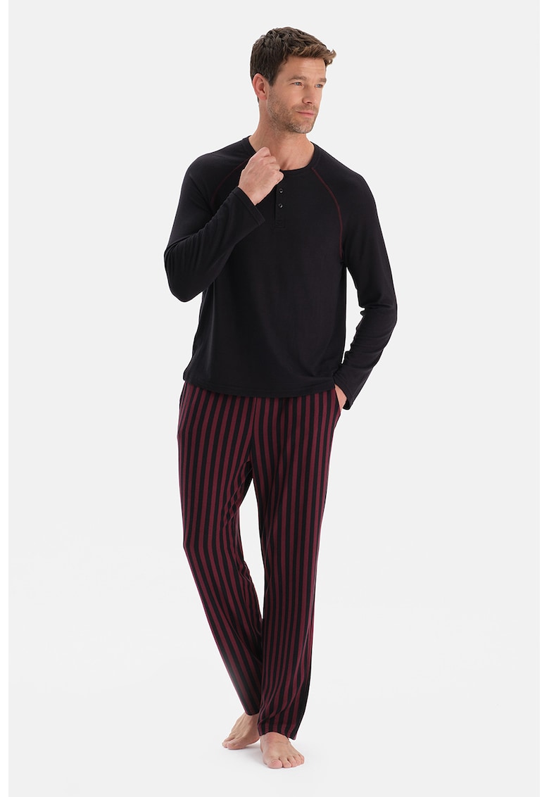 Pijama cu decolteu henley - Visiniu/Negru