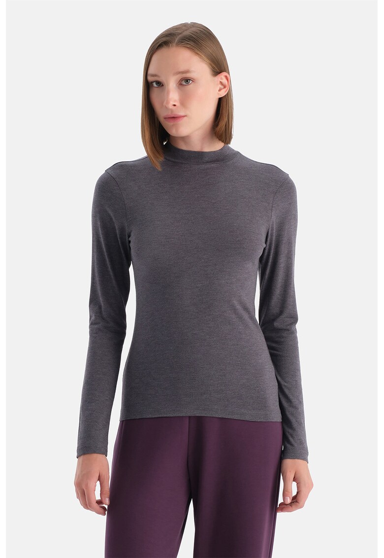 Bluza uni slim fit cu guler scurt - Gri inchis melange