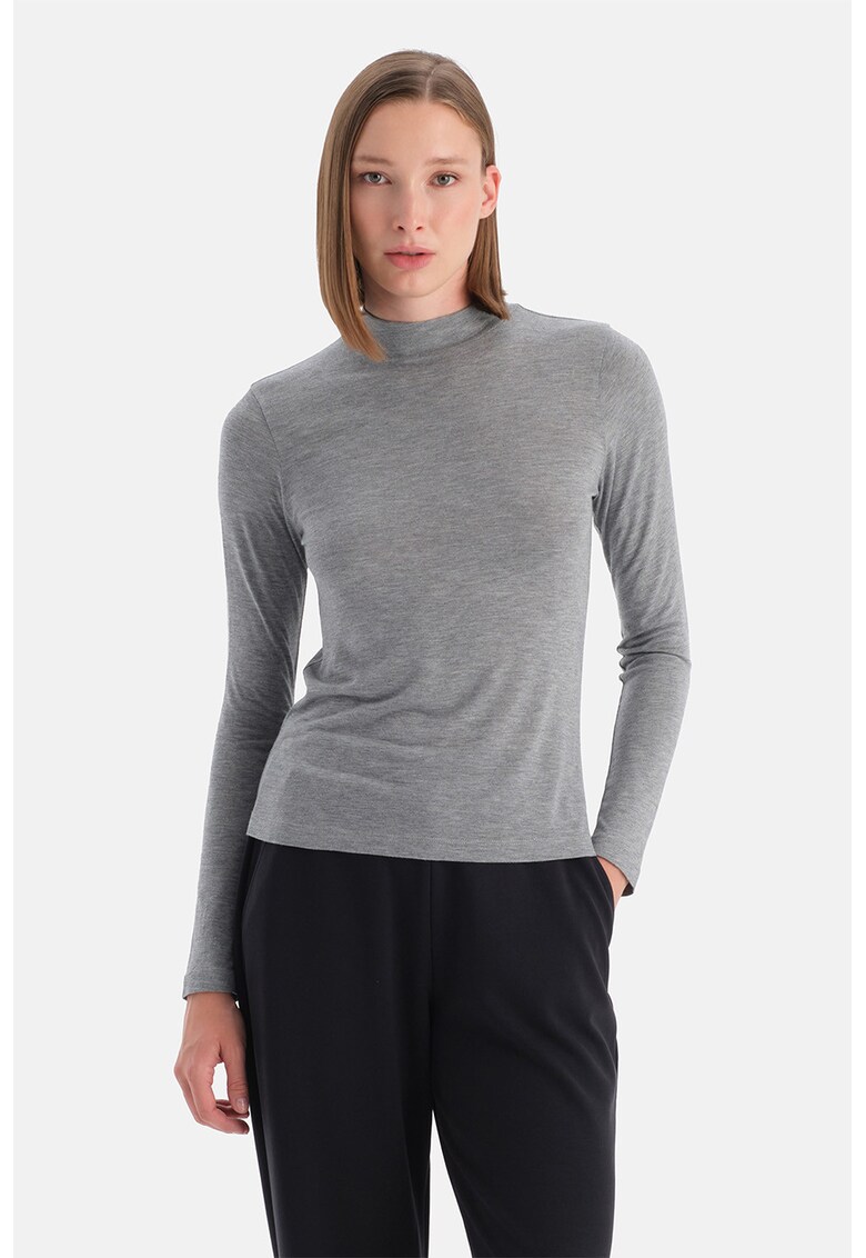 Bluza uni slim fit cu guler scurt - Gri deschis melange