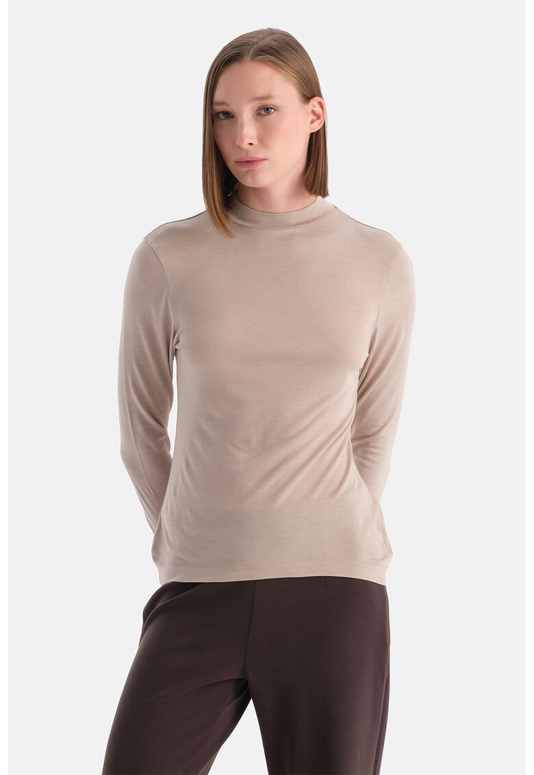 Bluza uni slim fit cu guler scurt - Bej melange