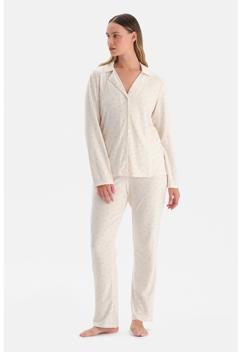 Pijama lunga cu talie inalta si model floral