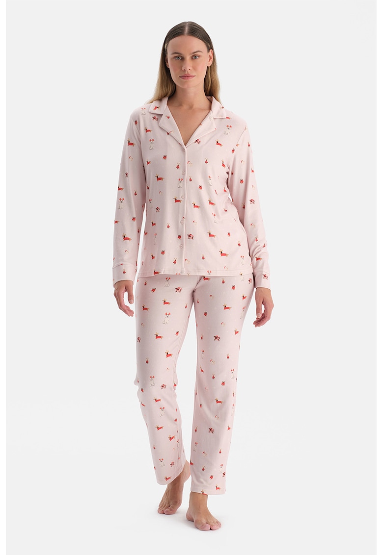 Pijama lunga cu model si talie inalta