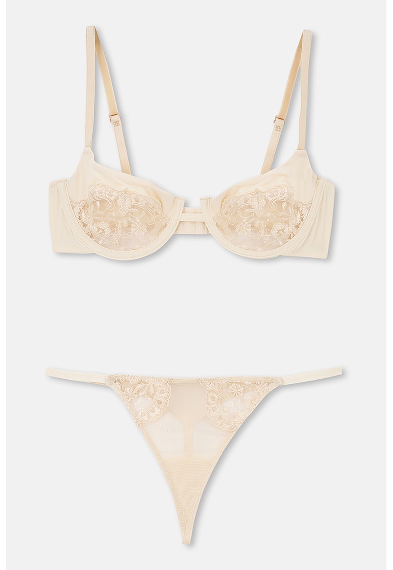 Set de sutien de dantela si chiloti tanga - 2 piese - Bej deschis