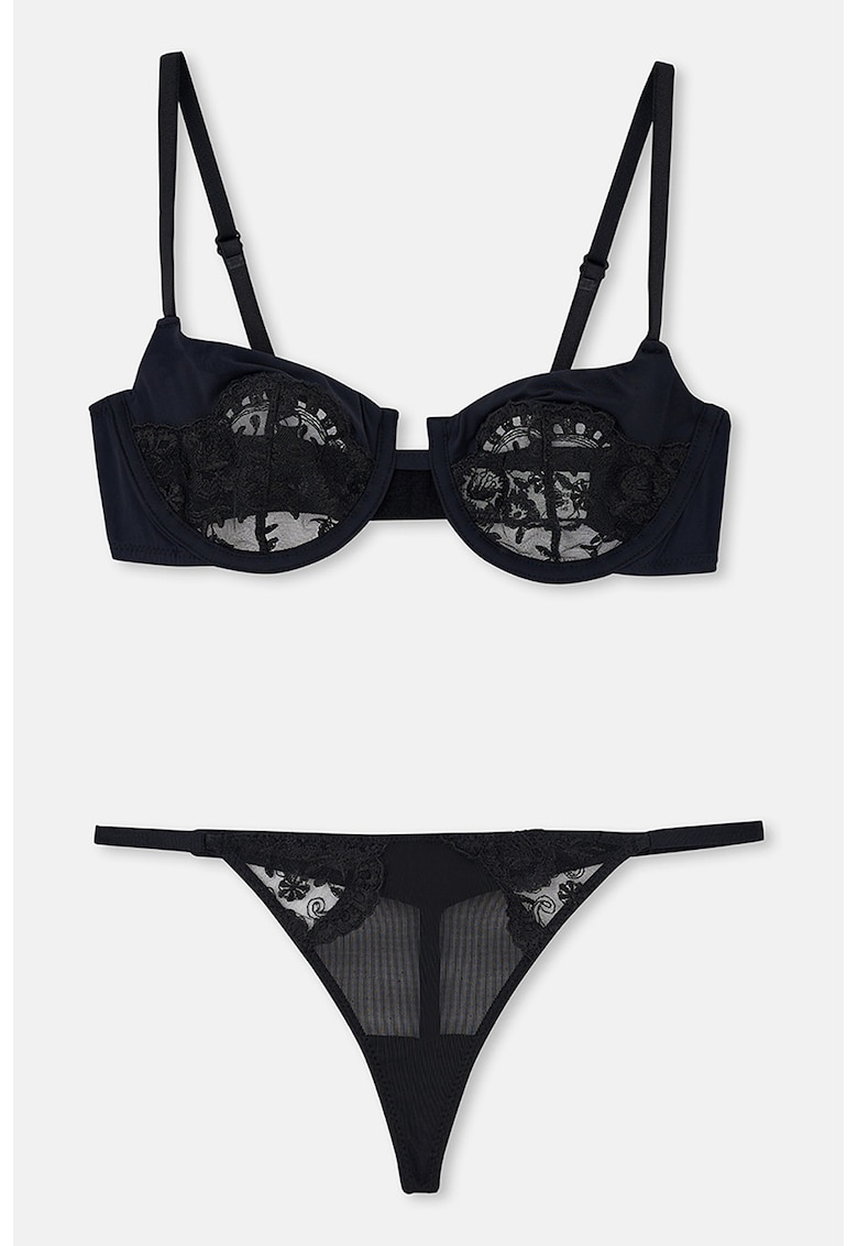 Set de sutien de dantela si chiloti tanga - 2 piese - Negru