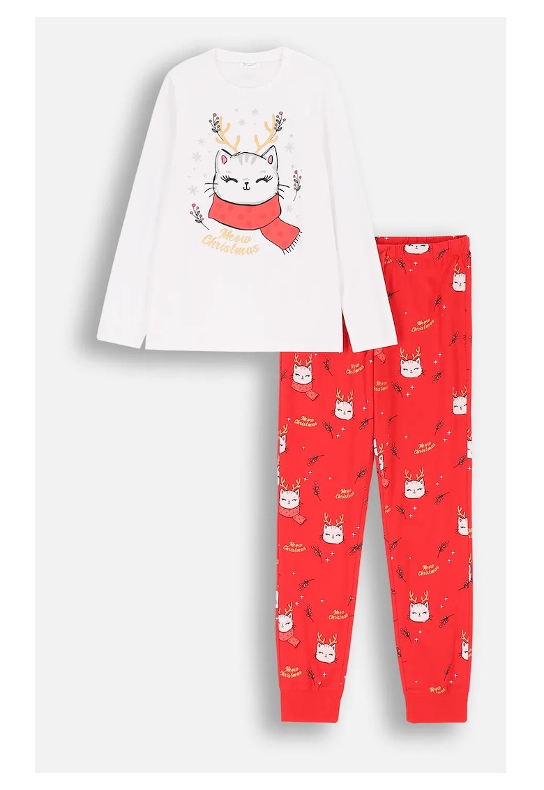 Pijama copii - set 2 piese - rosie cu stelute si animalute - bumbac
