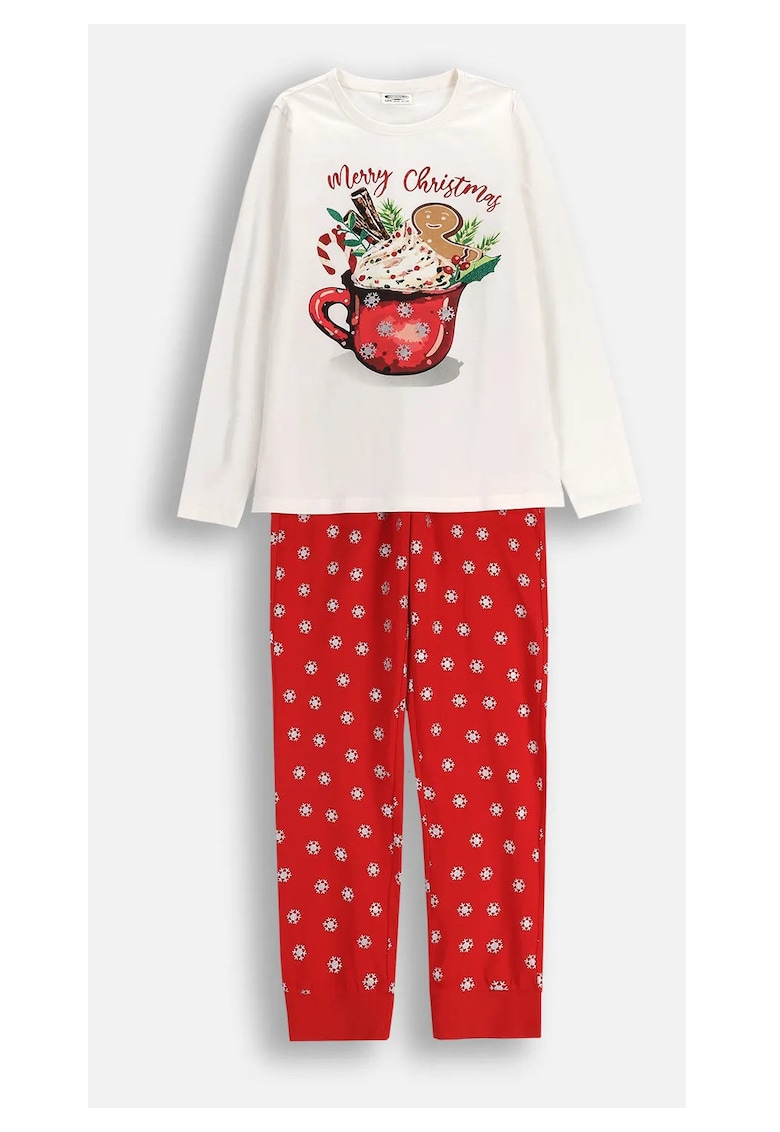Pijama copii - set 2 piese - crem cu imprimeu - rosu cu model - bumbac