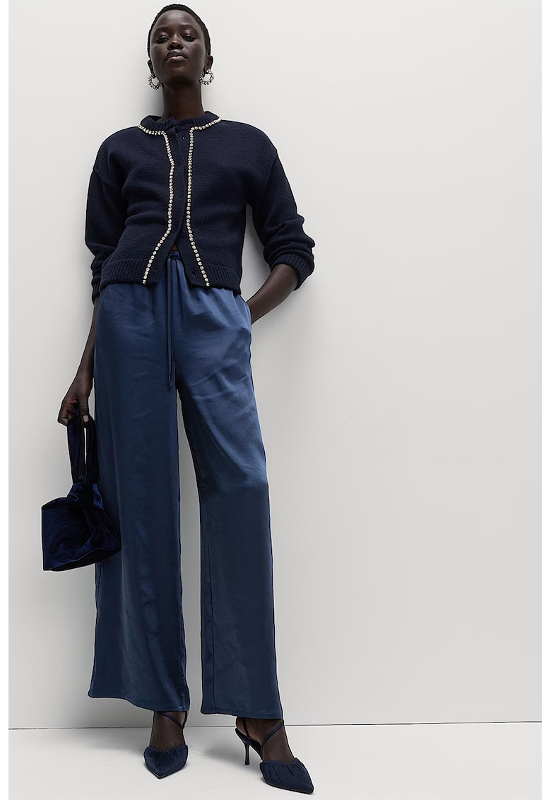 Pantaloni drepti din satin cu snur in talie