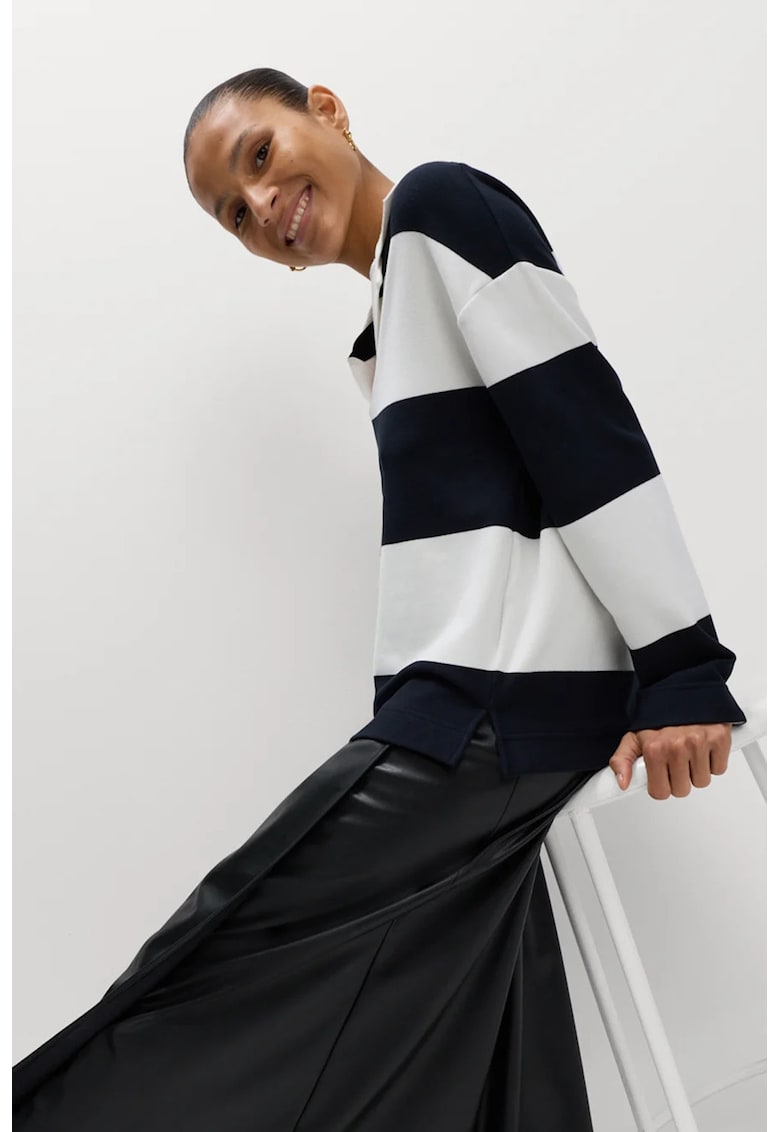 Pulover polo cu dungi - Alb/Bleumarin