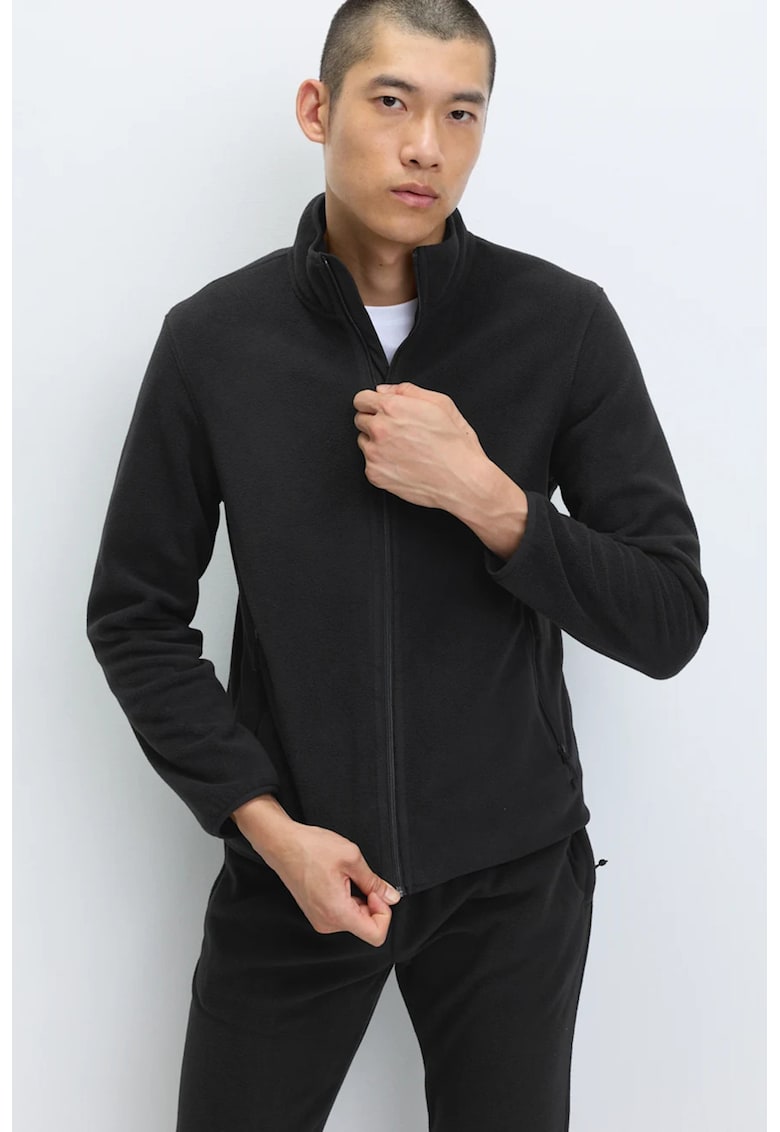 Bluza de trening din fleece cu guler scurt si fermoar - Negru