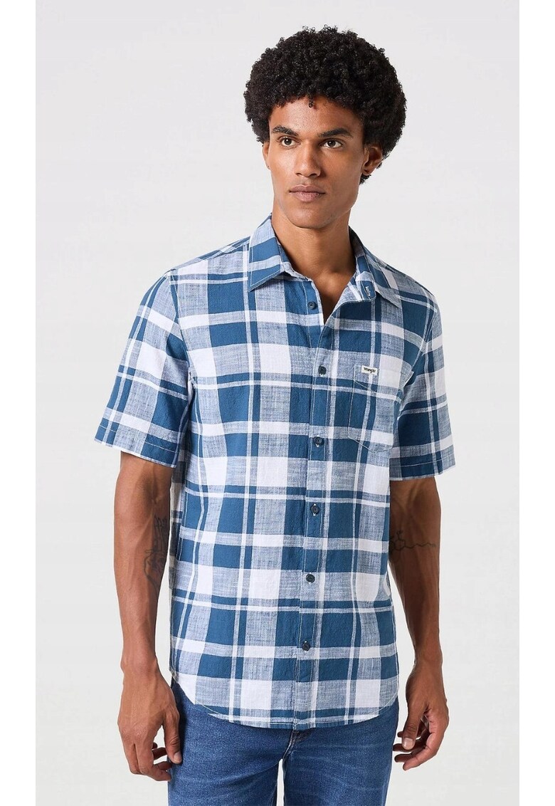 Camasa barbati - cu un buzunar - bumbac - albastru - maneca scurta -