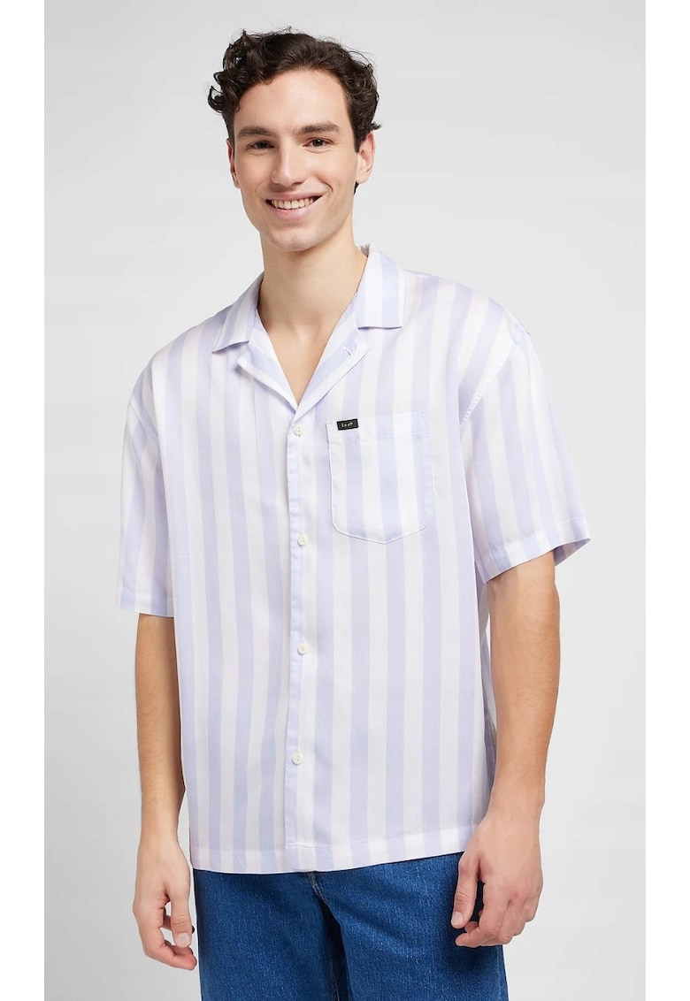 Camasa barbati Camp Shirt - croiala lejera - alba cu dungi zmeurie - 100% lyocell - maneca scurta