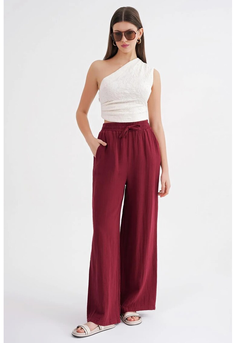 Pantaloni dama - talie inalta - textil - rosu burgundy - muselina texturata