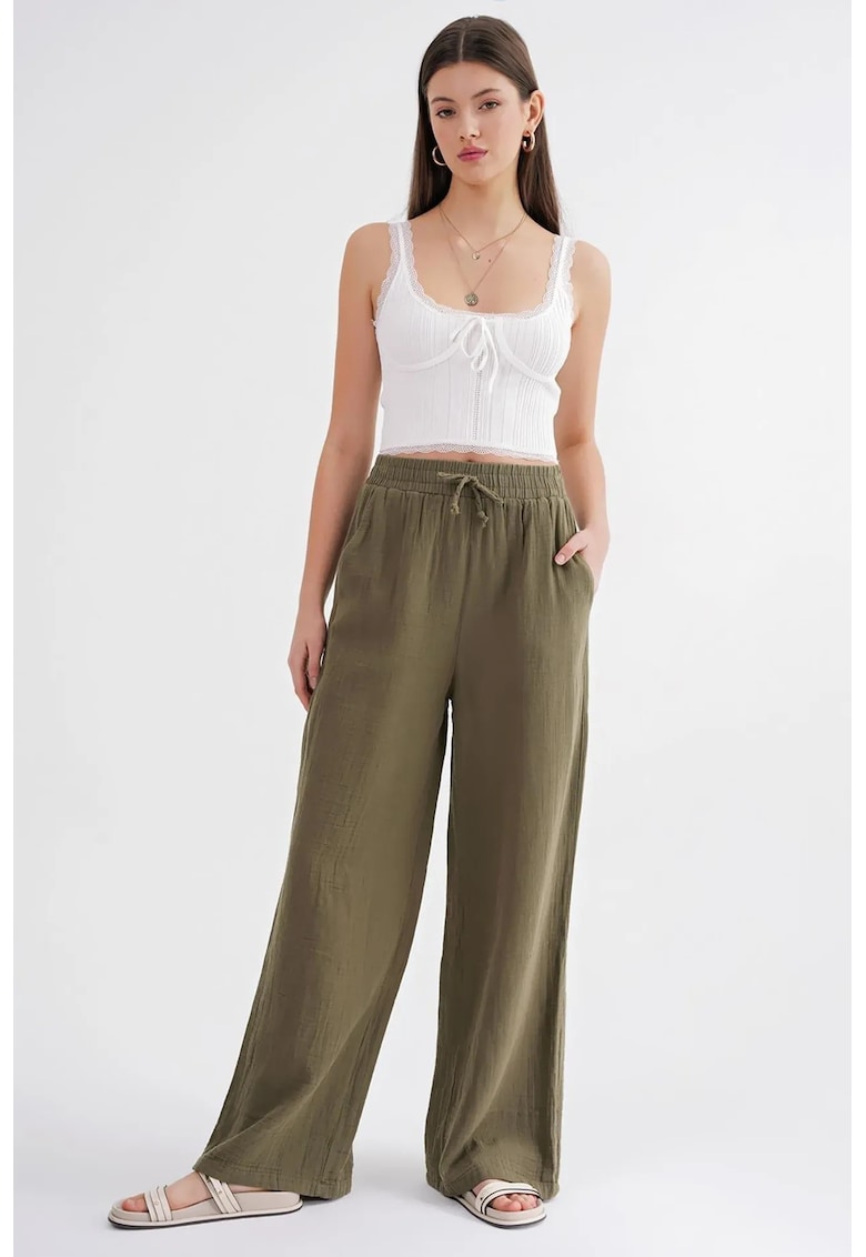 Pantaloni dama - talie inalta - textil - verde kaki - muselina texturata
