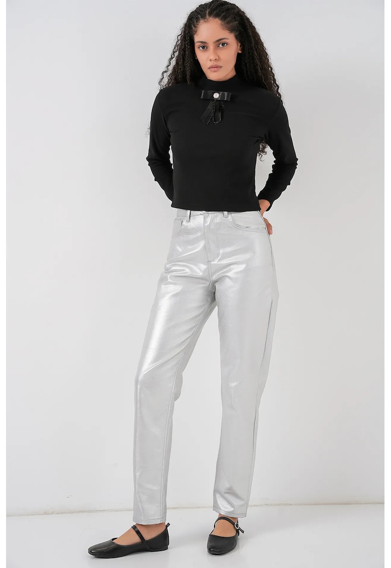 Pantaloni dama - cu talie inalta - croiala dreapta - argintiu - bumbac - Argintiu