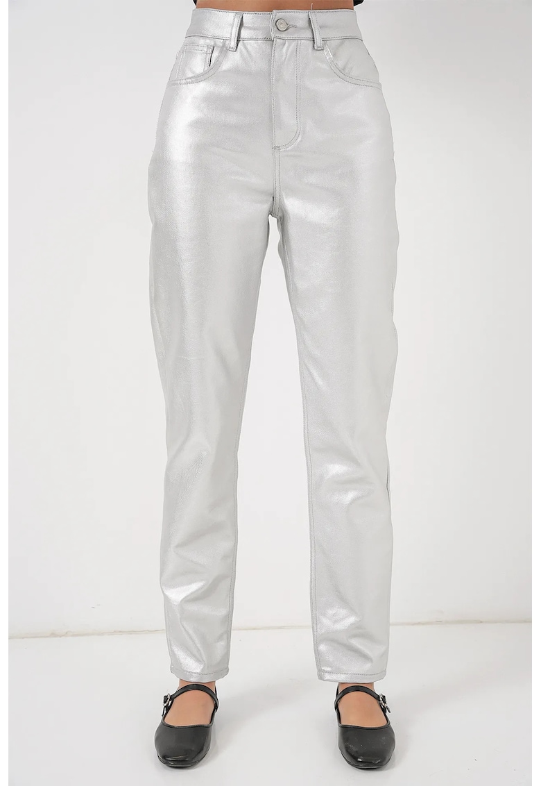 Pantaloni dama - cu talie inalta - Argintiu - bumbac -