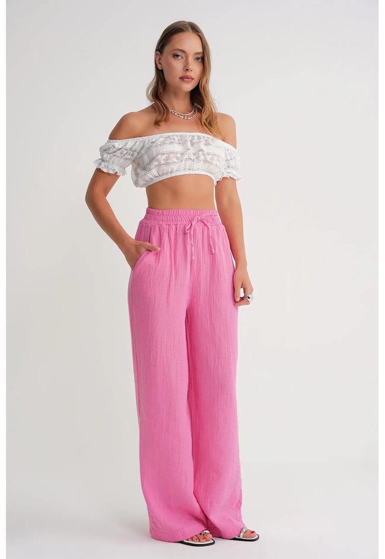Pantaloni dama - talie inalta - textil - roz muselina texturata