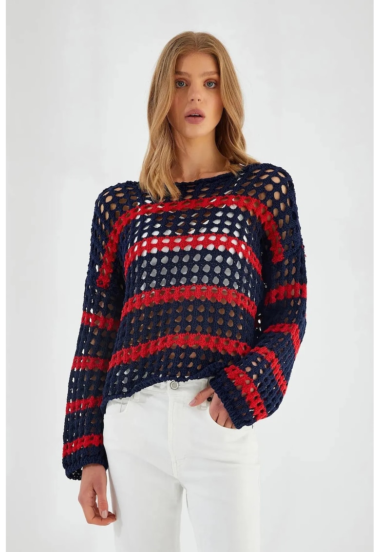 Pulover dama - oversize - dungi - albastru marin - tricot -