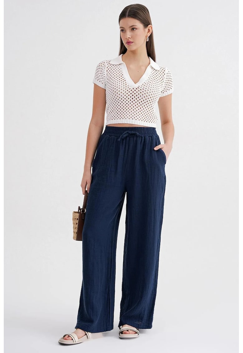 Pantaloni dama - textil - talie inalta - muselina texturata - 65875