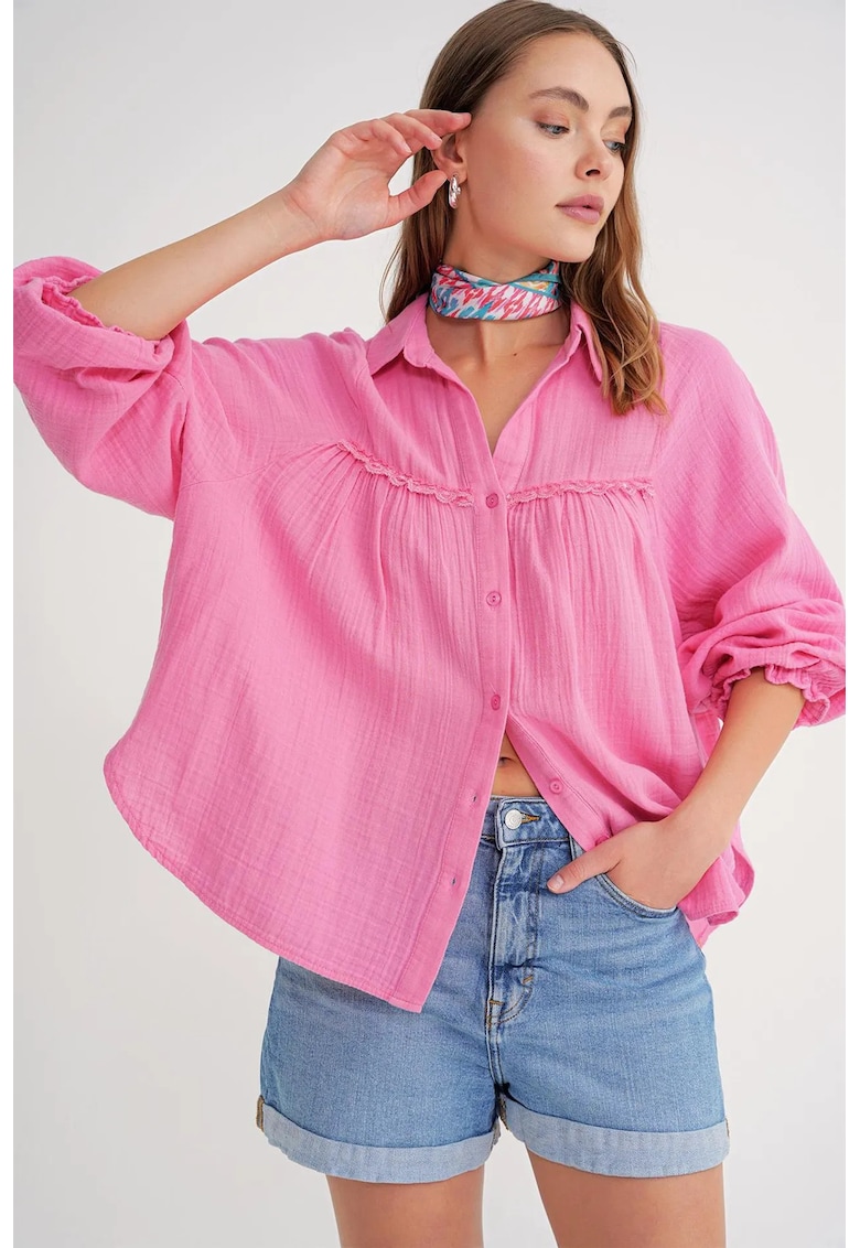 Camasa dama - texturata din bumbac - roz pudrat - textil