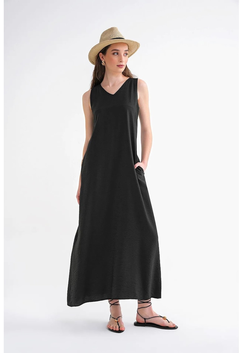 Rochie Maxi - fara maneci - decolteu in V - negru - textil