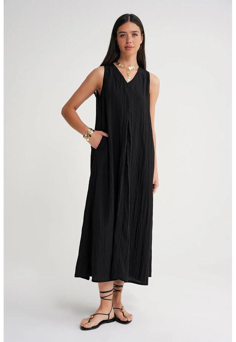 Rochie Maxi Midi - decolteu in V - negru - textil