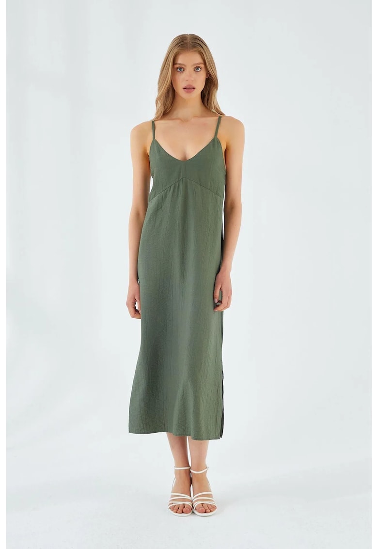 Rochie midi - decolteu in V - slit - verde pin - textil