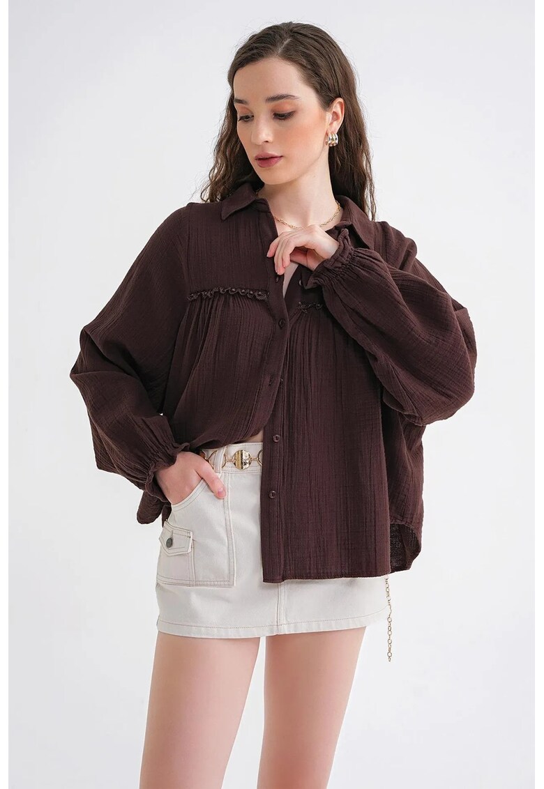 Camasa dama - texturata din bumbac - maro cafea - textil