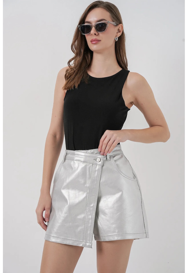 Fusta-pantalon - mini - talie inalta - gri argintiu - material textil