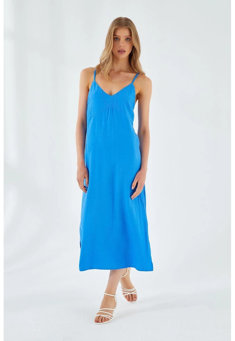 Rochie Midi - Albastru Cobalt - Decolteu in V - Slit - Textil