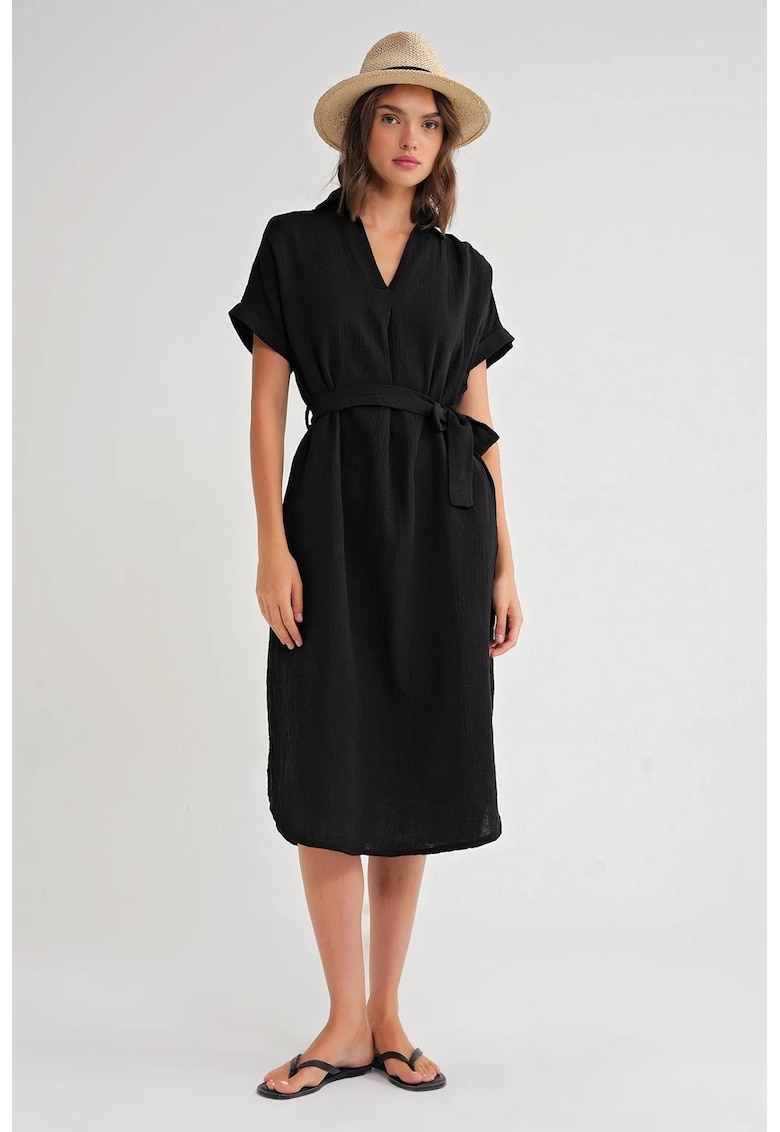 Rochie midi - maneca scurta - curea - negru - fabrica sintetica