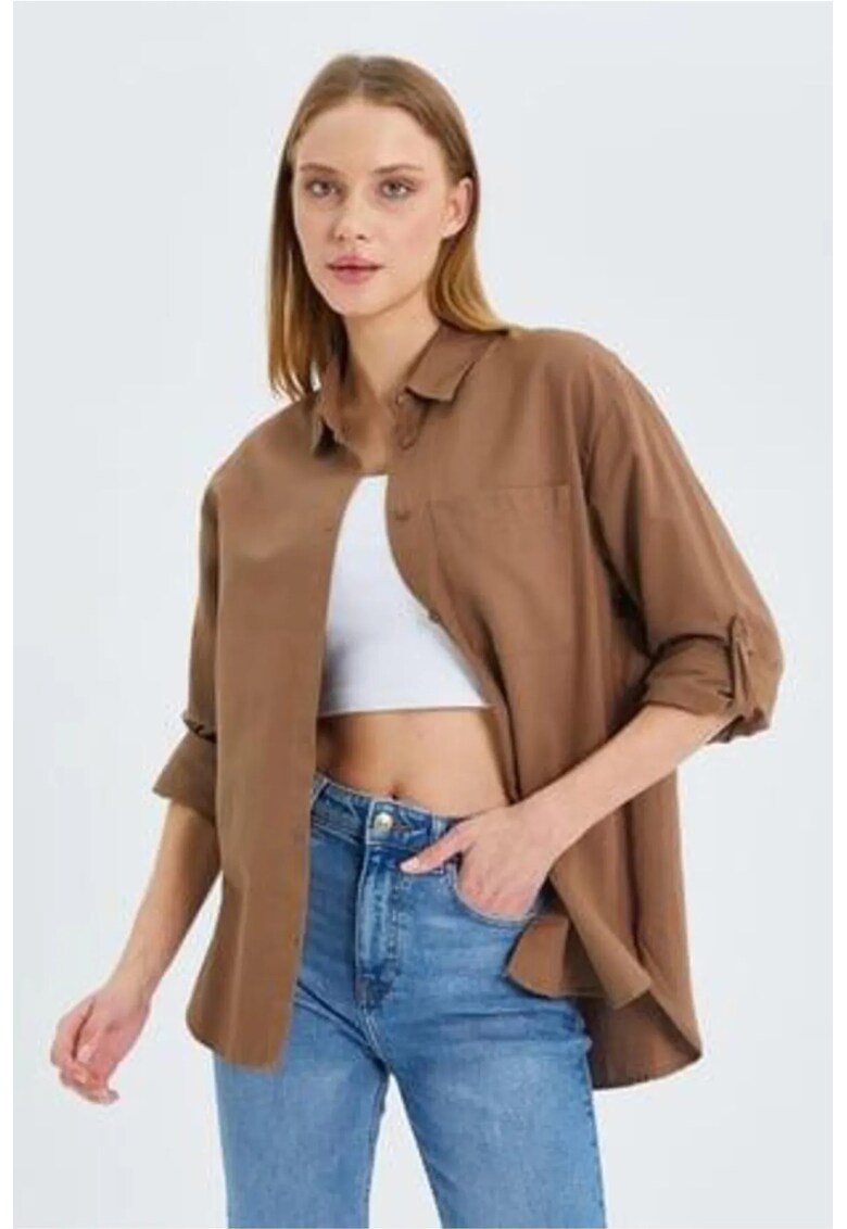 Camasa dama - cu maneca lunga - buzunar - bej natural - textil