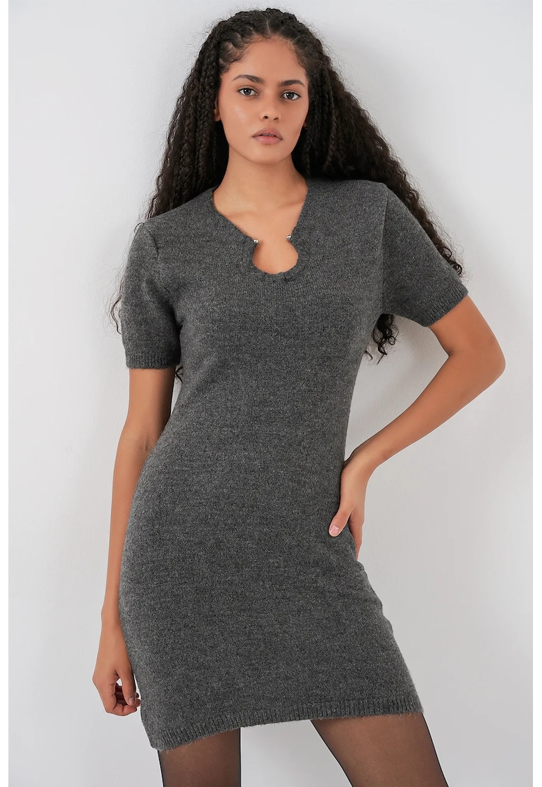 Rochie tricotata - mini bodycon - detalii accesorii - gri carbune - tricot -