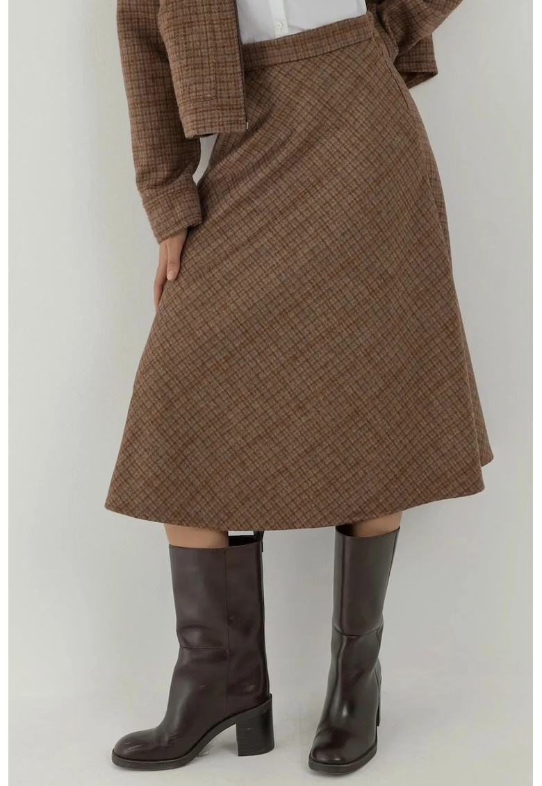 Fusta midi - talie inalta - carouri - maro castor - amestec de lana