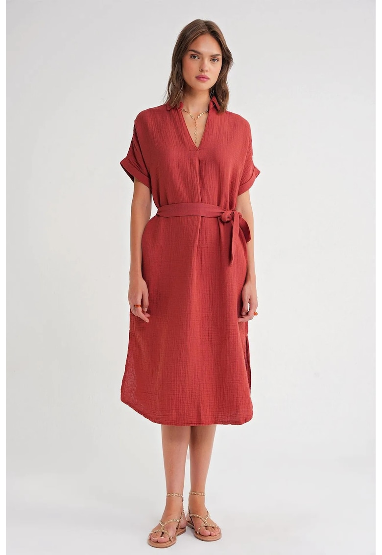 Rochie midi rosu caramiziu - cu maneca scurta - textil