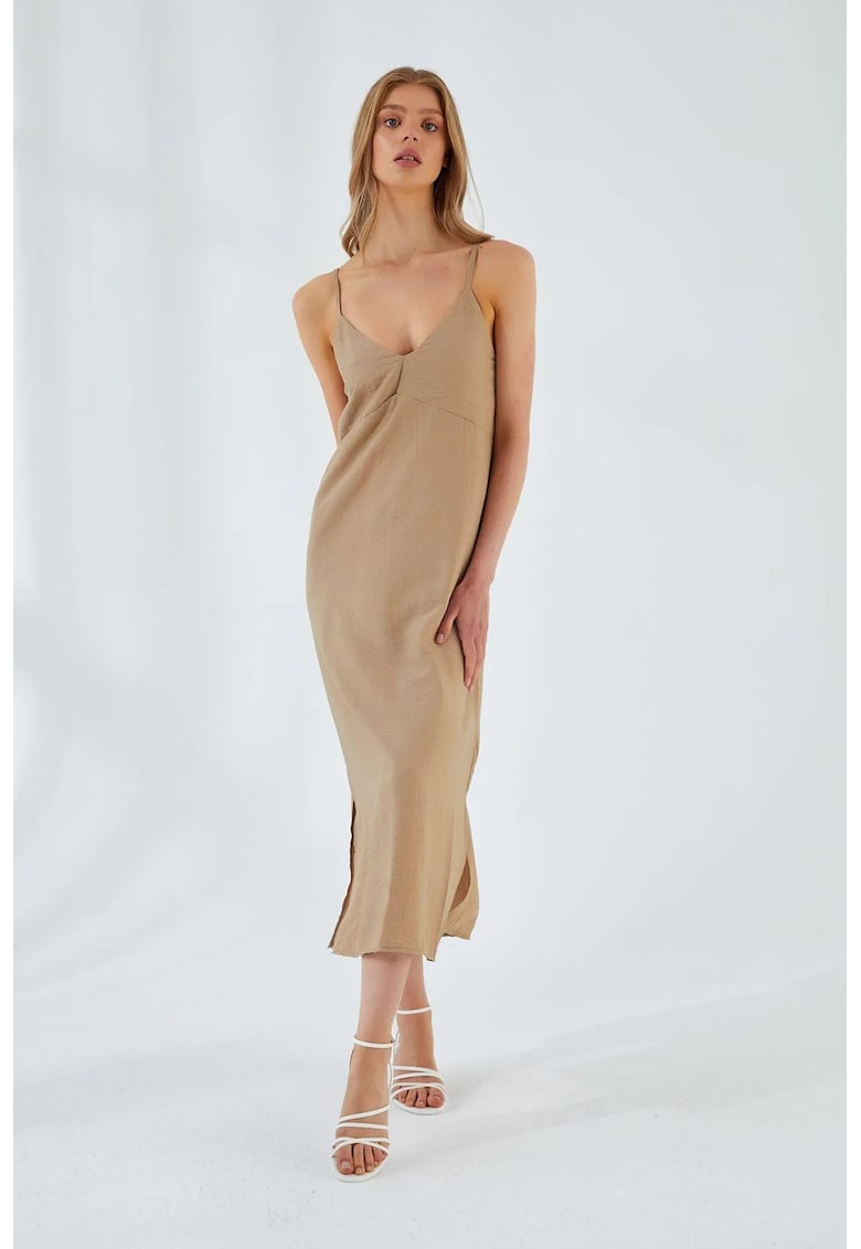 Rochie Midi - Decolteu in V - Slit - Bej Natural - Textil