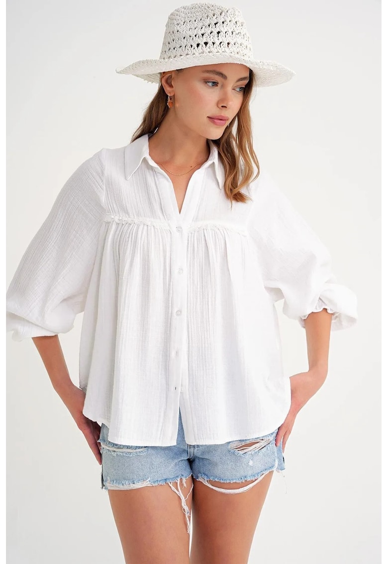 Camasa camasa din bumbac texturat cu nasturi - alb