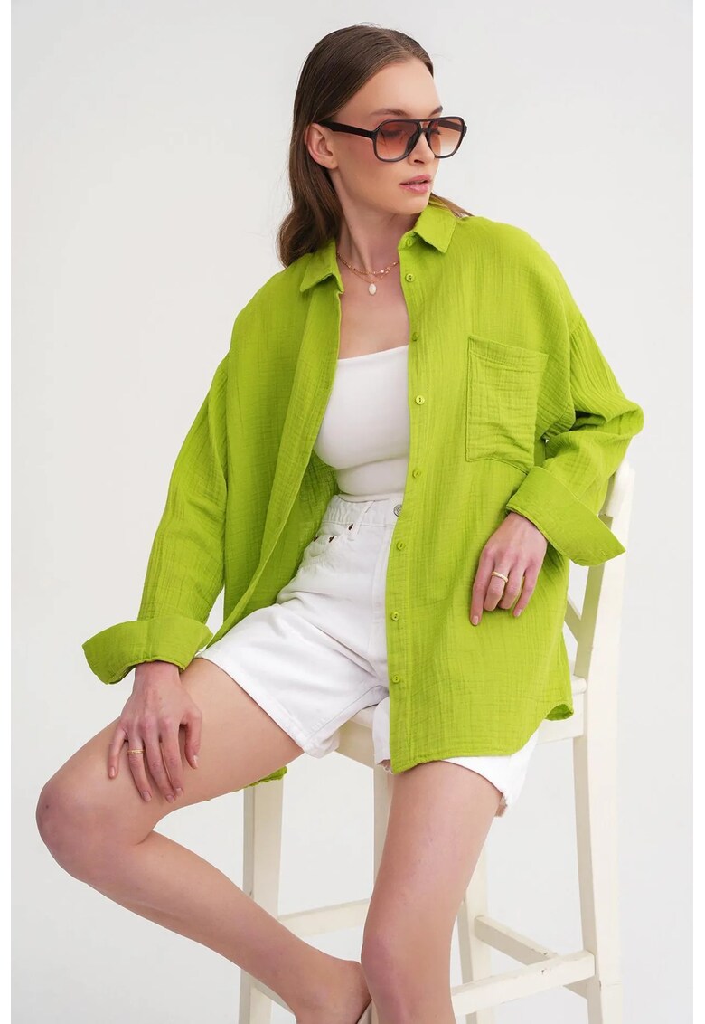 Camasa dama - camasa supradimensionata - detaliu buzunar - verde lime - textil