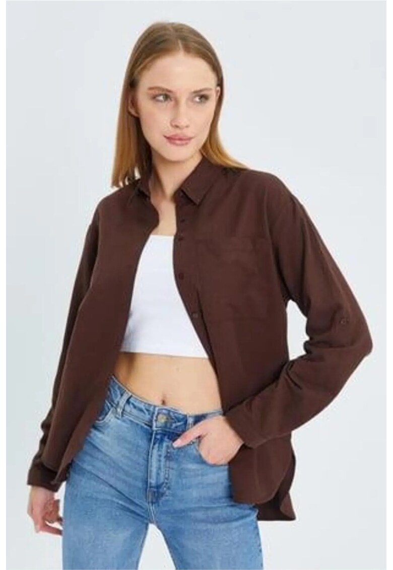 Camasa dama - cu maneca lunga - buzunar - maro cafea - textil