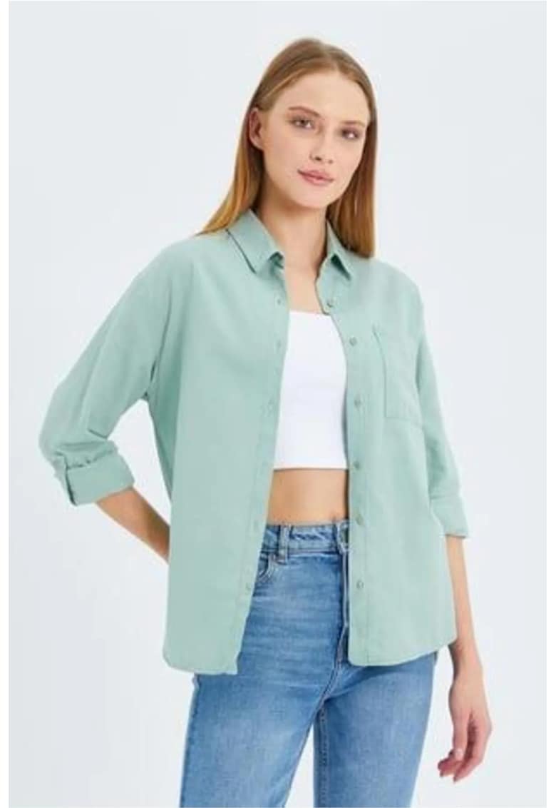 Camasa dama - camasa cu maneca lunga - buzunar - verde salvie - textil - Verde salvie