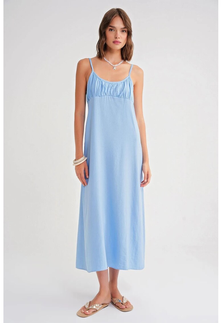 Rochie Maxi - cu Bretele - Detaliu Drapat - Albastru - Textil