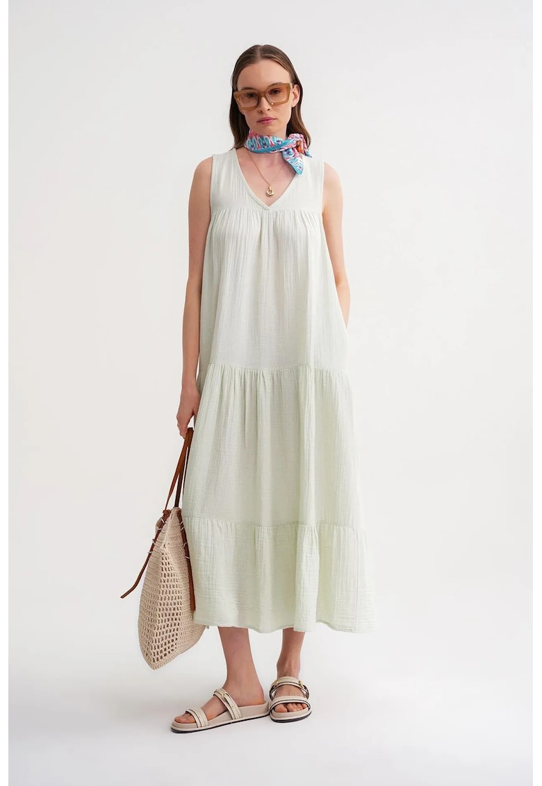 Rochie midi fara maneci - cu buzunare - verde salvie - muselina