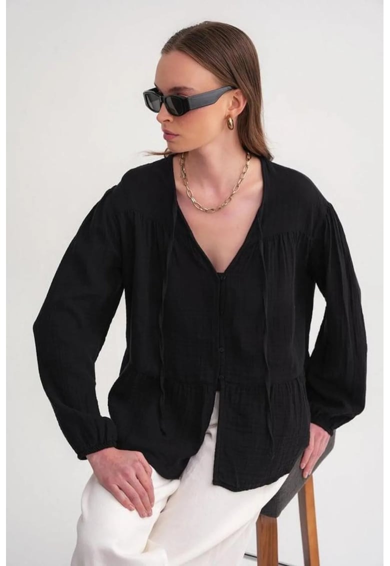 Camasa dama - bluza cu maneca lunga - croiala relaxata - negru - textil