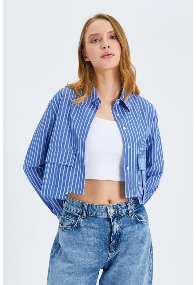 Camasa scurta din poplin cu dungi - buzunar - denim albastru inchis - bumbac