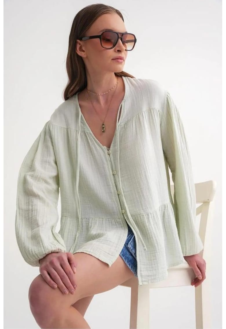 Camasa dama - bluza cu maneca lunga - croiala lejera - verde pin - textil