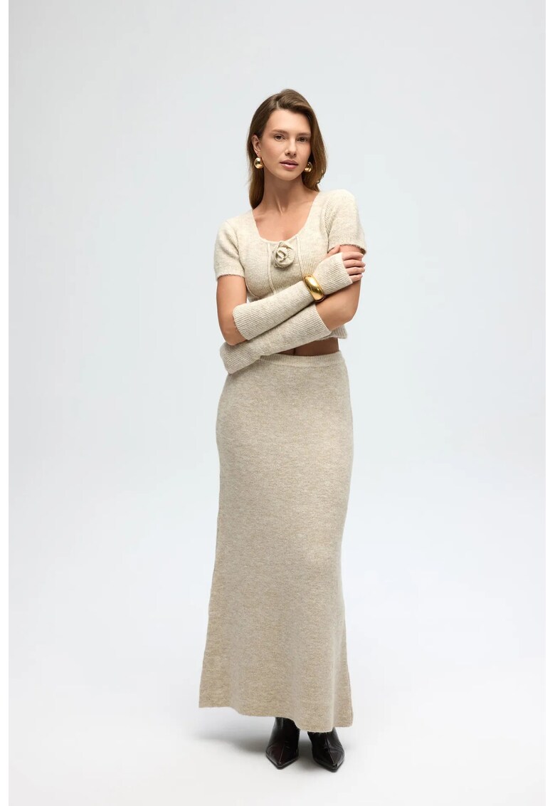 Set tricotat MAI - fusta cu talie inalta - bej natural - tricot -