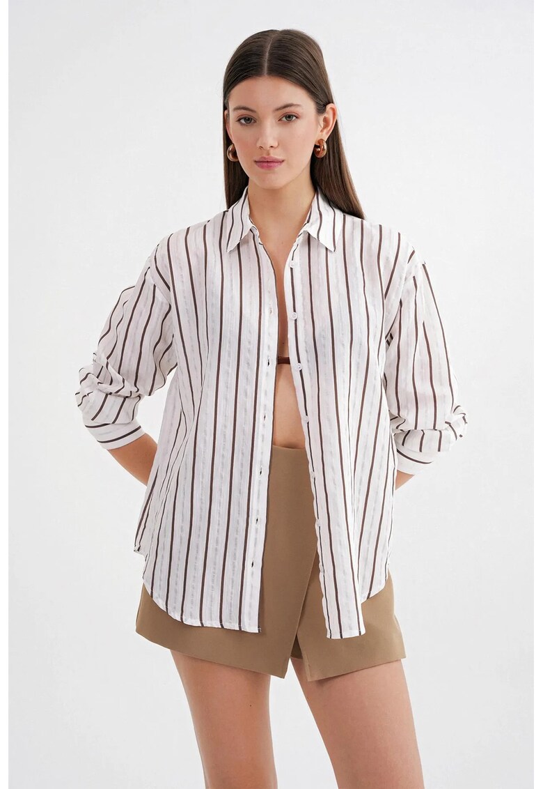 Camasa dama - cu maneca lunga - dungi - maro cafea - textil