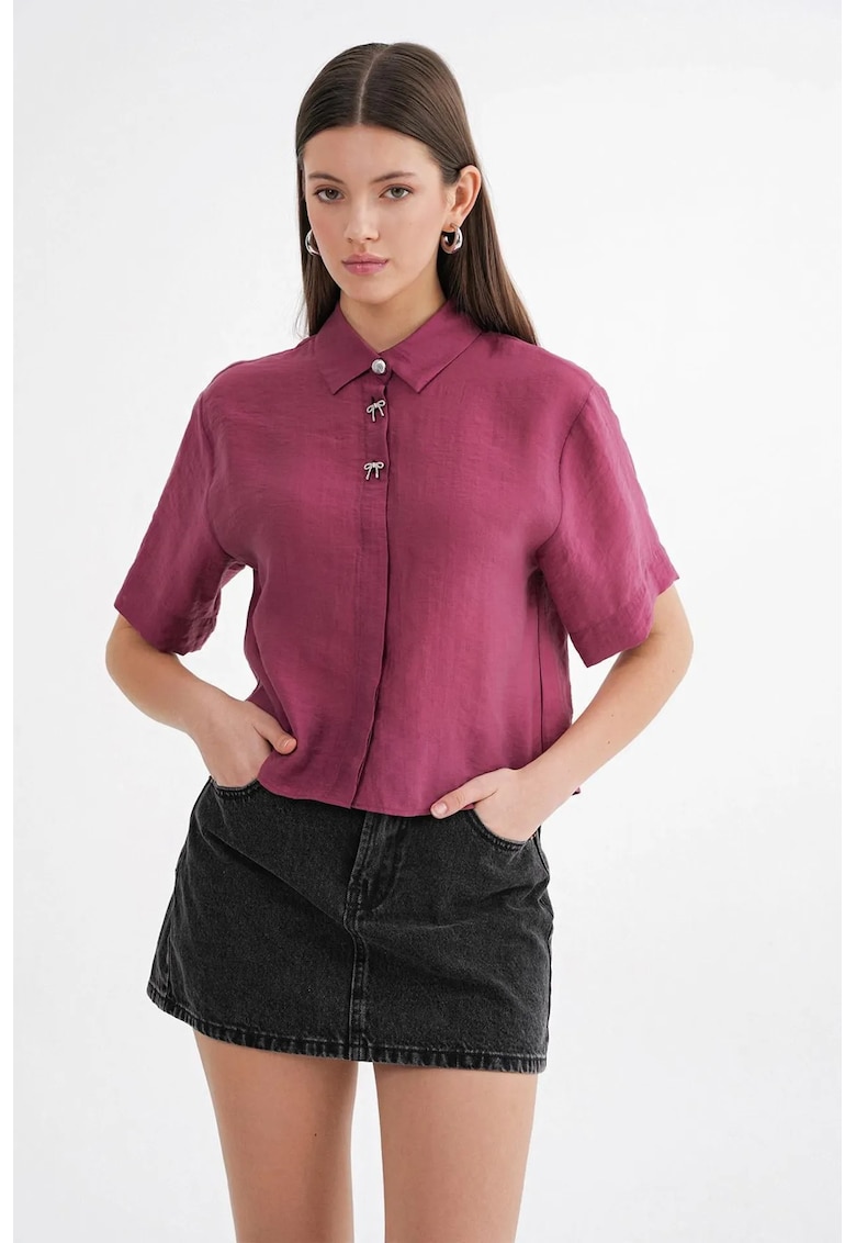 Camasa crop - cu accesorii din pietre - roz - textil - Albastru marin