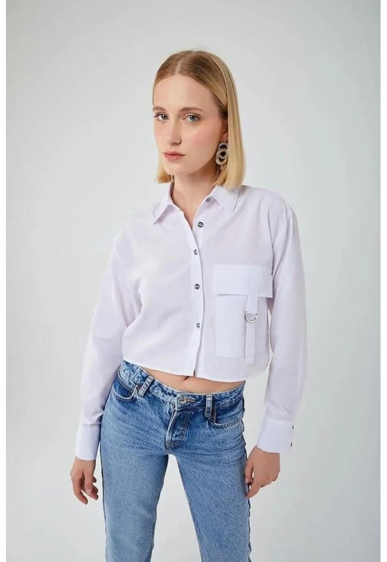 Camasa scurta detaliu buzunar - alb prafuit - textil