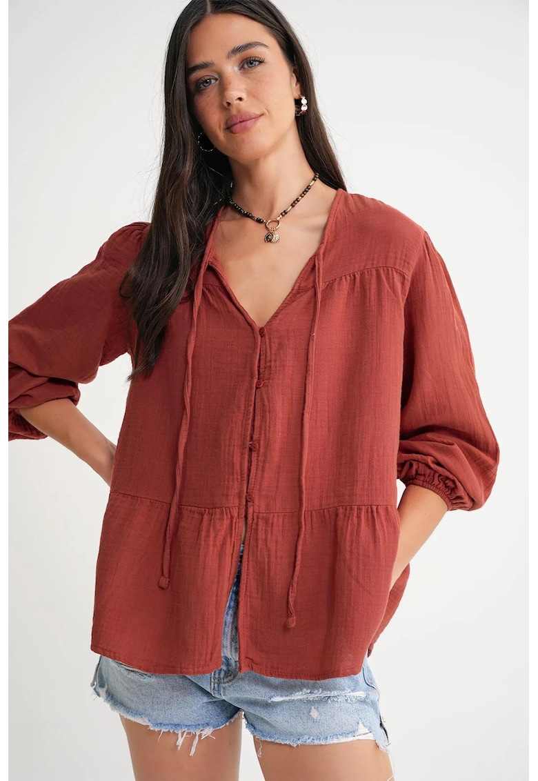 Camasa dama - bluza cu maneca lunga - croiala lejera - rosu caramiziu - textil