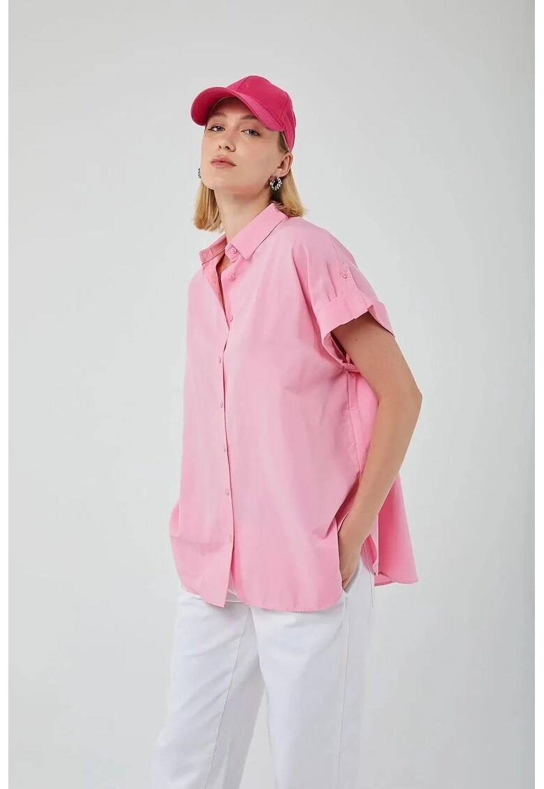 Camasa dama - cu maneca scurta supradimensionata - roz pudrat - textil